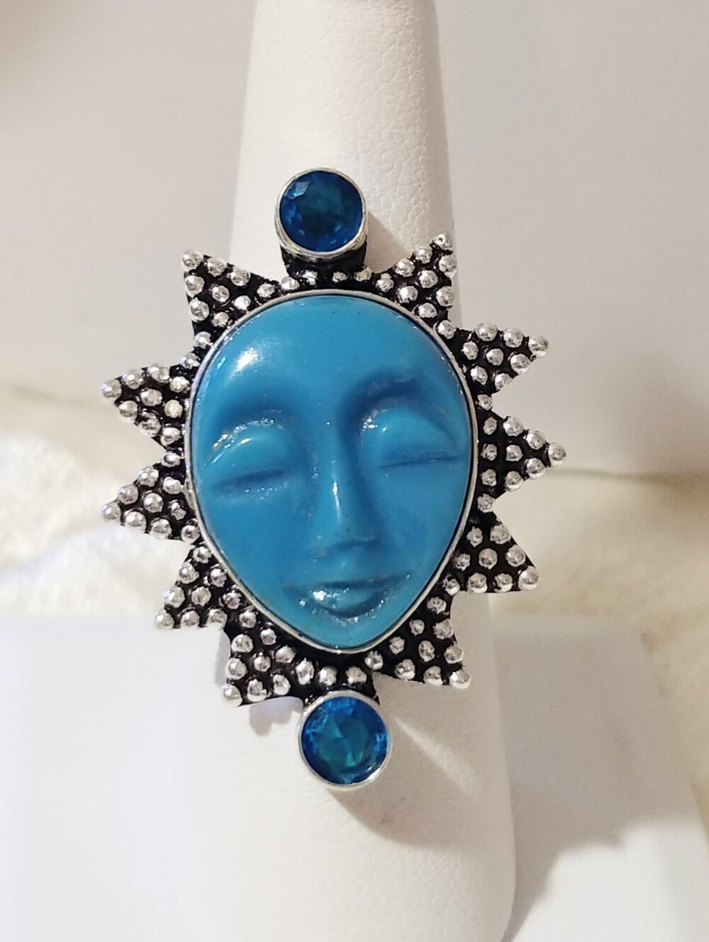 NWOT Blue Artisan Moon Face .925 Sterling Overlay Ring